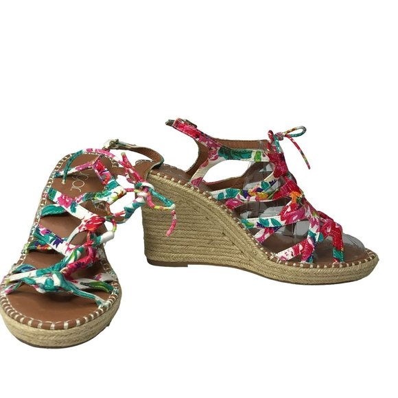 Sugar Shoes - Sugar Hunnies Jute Espadrille Wedges Size 9 M Floral Lace Up Strappy 4" Heels